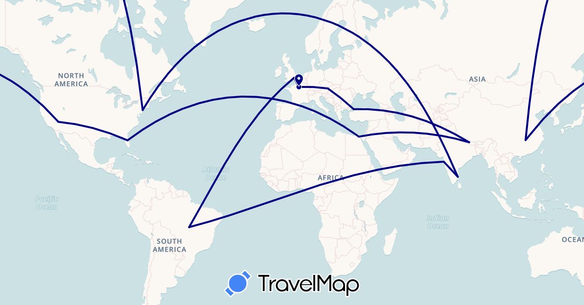 TravelMap itinerary: driving in Austria, Brazil, China, Egypt, France, United Kingdom, India, Nepal, Turkey, United States (Africa, Asia, Europe, North America, South America)