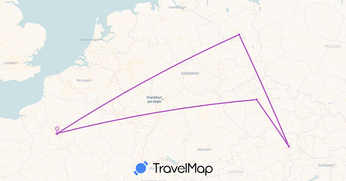TravelMap itinerary: driving, train in Austria, Czech Republic, Germany, France (Europe)
